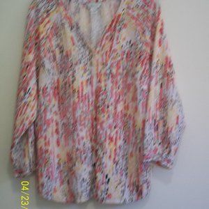 cj Banks Multi-colored Pink/Black/White/Yellow 1X Long Sleeve Button Up Blouse